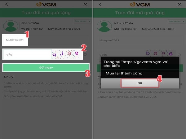 Bấm xác nhận để nhận thưởng từ mã code